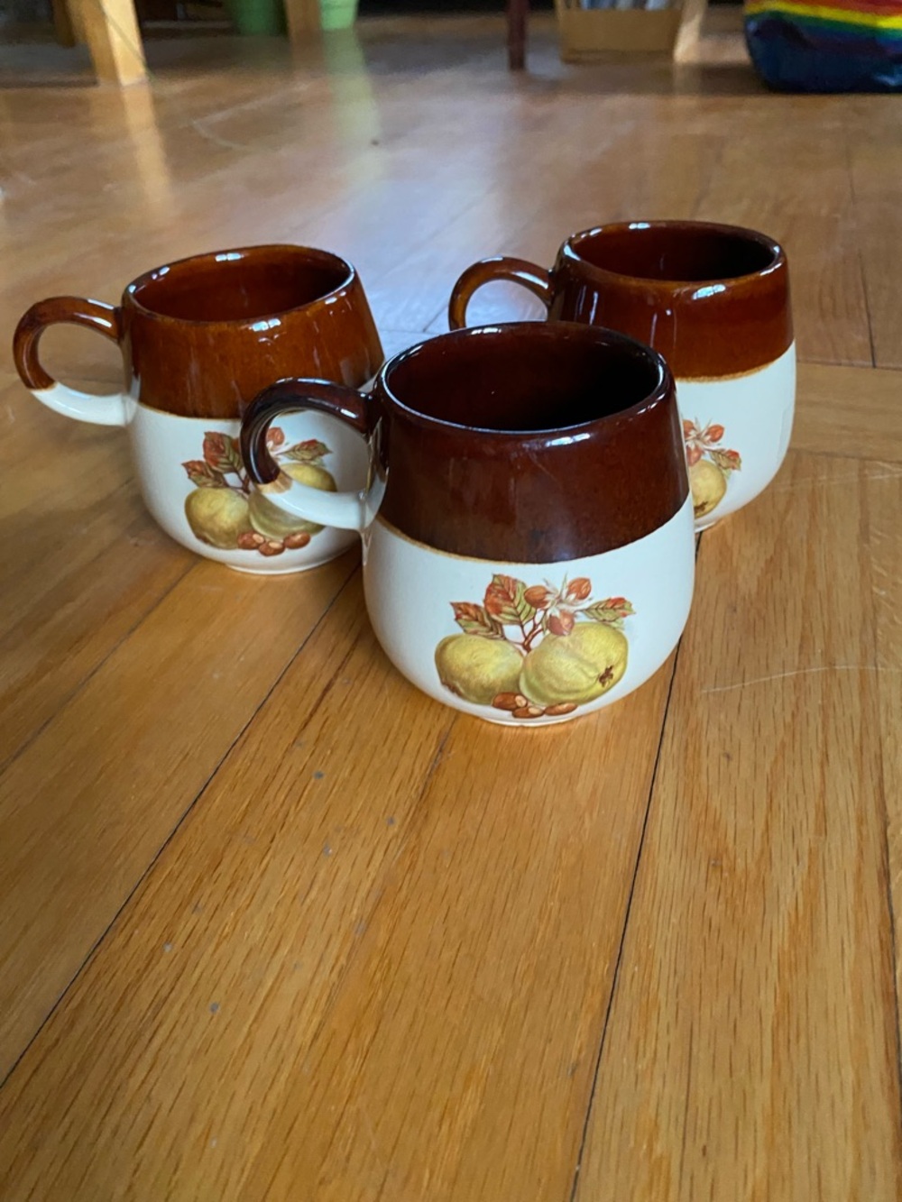 McCoy Vtg Ceramic Brown and Cream Fruit Apple Fall Nuts Motif Mugs - Set of 3